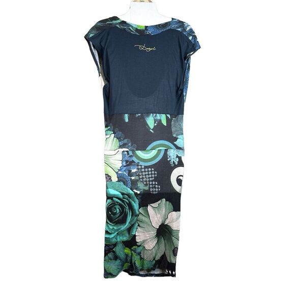 Desigual Womens Dress Size Large Blue Floral Sleeveless Drape Neck Style 40V2148 - Picture 12 of 15